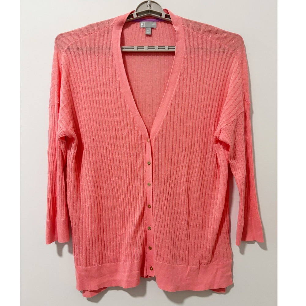 JCP Cardigan Womens Size 2X Coral Linen Blend V-Neck Button Front 3/4 Sleeve